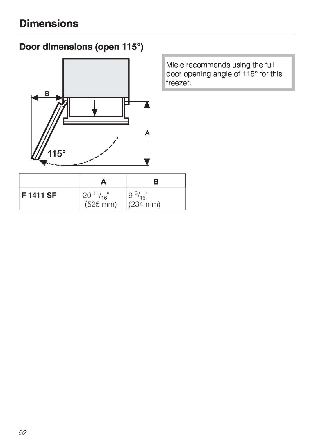 Miele F 1411 SF installation instructions Door dimensions open, Dimensions, 525 mm, 234 mm 