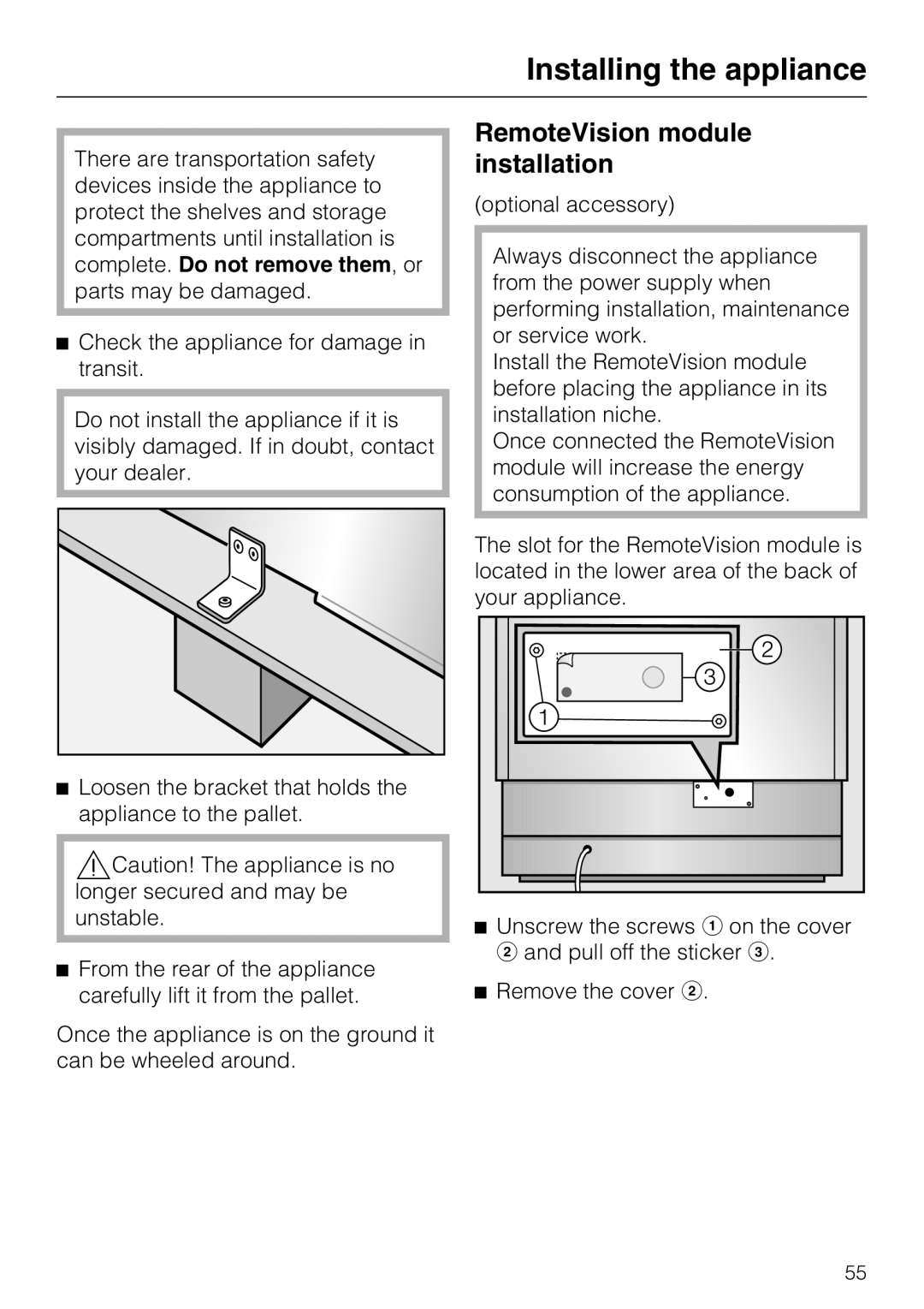 Miele F 1411 SF installation instructions RemoteVision module installation, Installing the appliance 