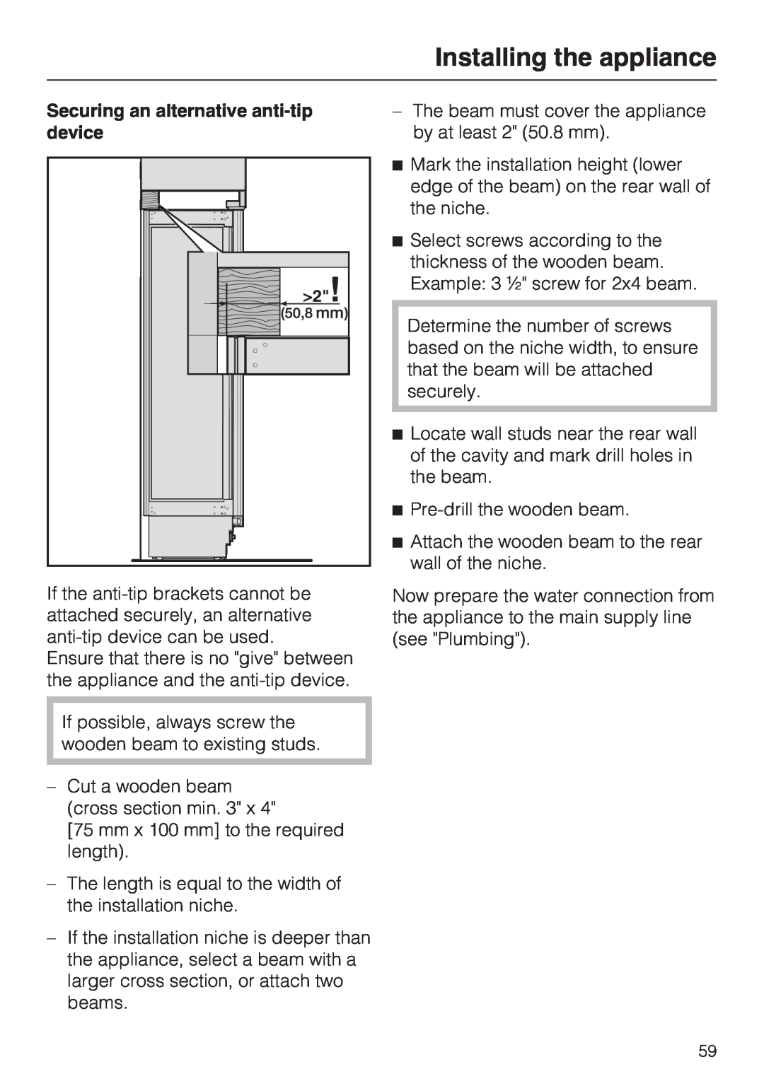 Miele F 1411 SF installation instructions Installing the appliance, Securing an alternative anti-tipdevice 