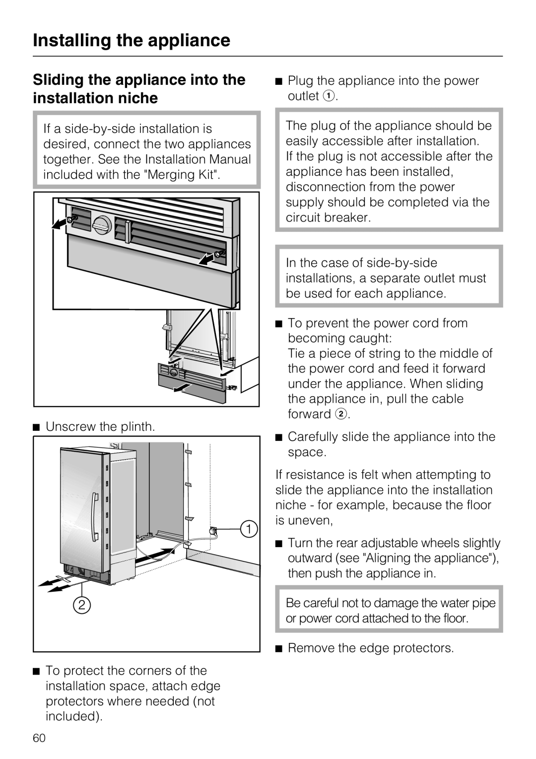 Miele F 1411 SF installation instructions Sliding the appliance into the installation niche, Installing the appliance 