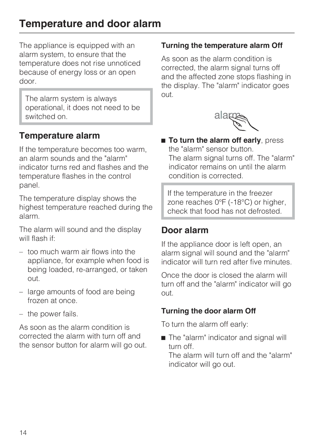 Miele F 1411 Vi installation instructions Temperature and door alarm, Temperature alarm, Door alarm 