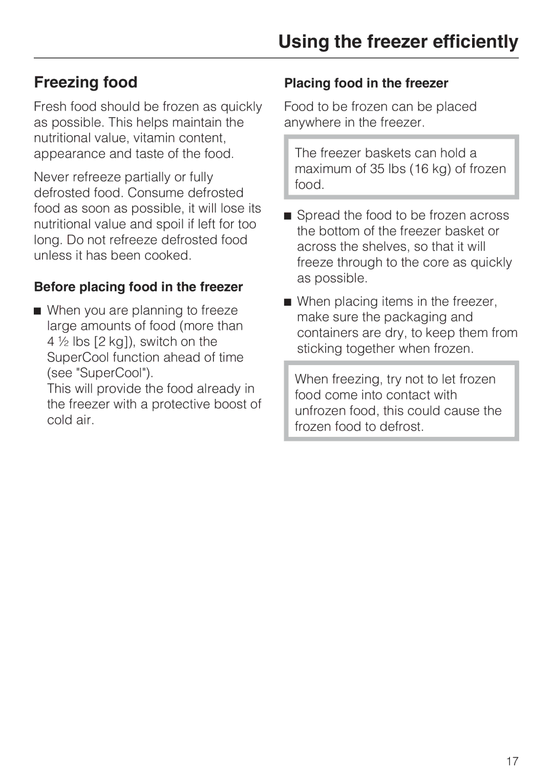 Miele F 1411 Vi installation instructions Using the freezer efficiently, Freezing food, Before placing food in the freezer 