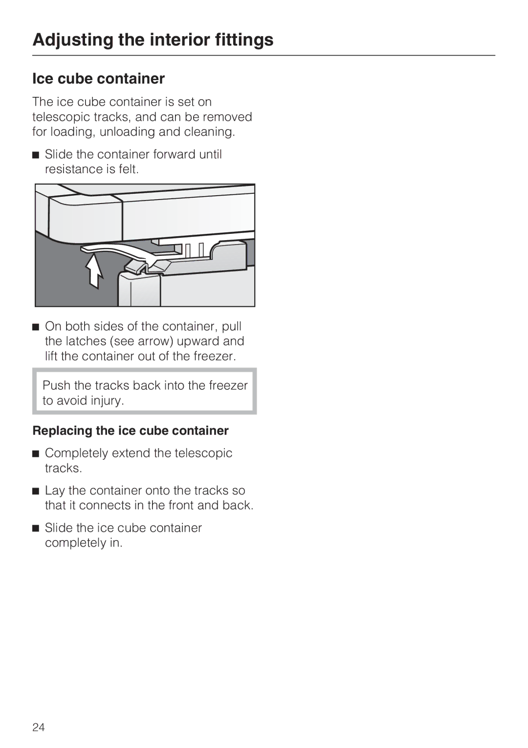 Miele F 1411 Vi installation instructions Ice cube container, Replacing the ice cube container 