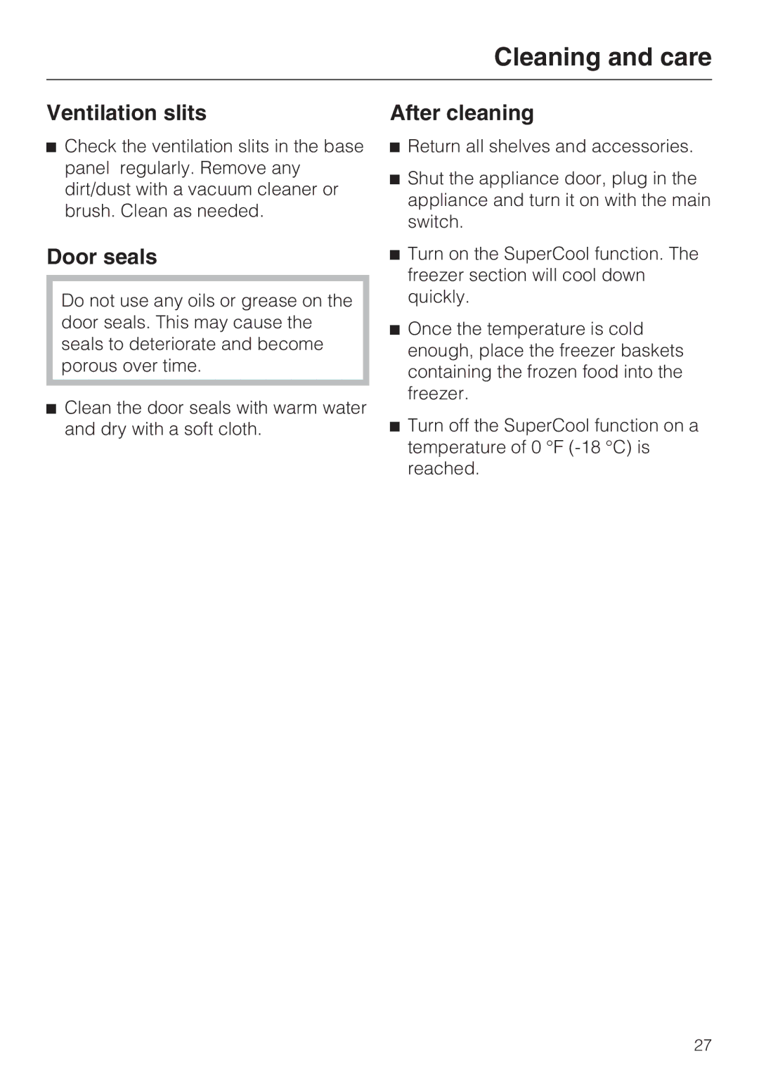 Miele F 1411 Vi installation instructions Ventilation slits, Door seals, After cleaning 