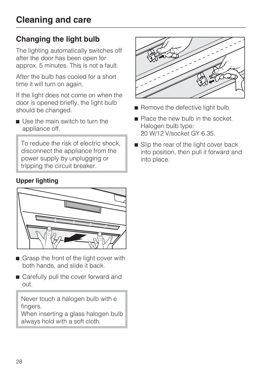 Miele F 1411 Vi installation instructions Changing the light bulb, Upper lighting 