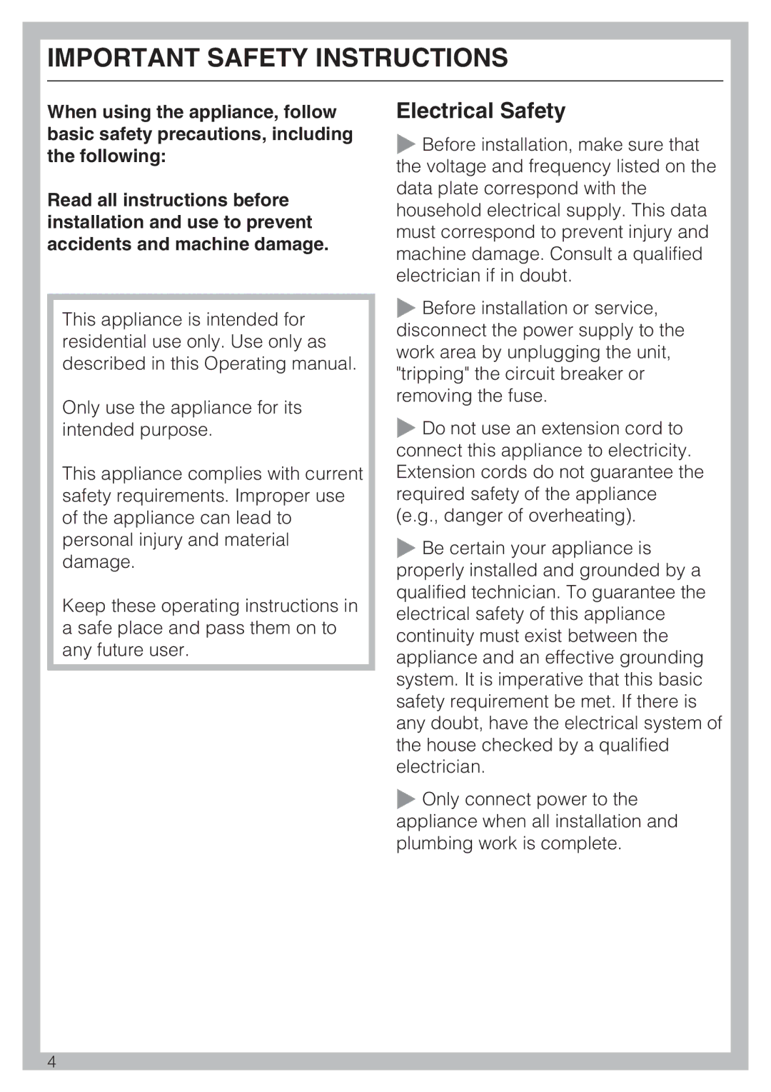 Miele F 1411 Vi installation instructions Important Safety Instructions, Electrical Safety 