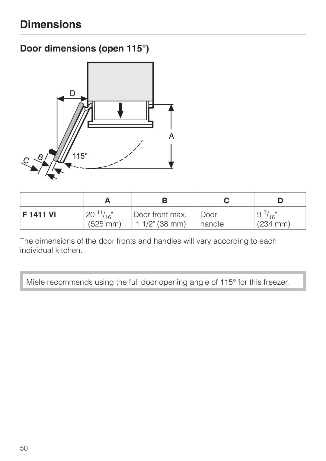 Miele F 1411 Vi installation instructions Dimensions, Door dimensions open 