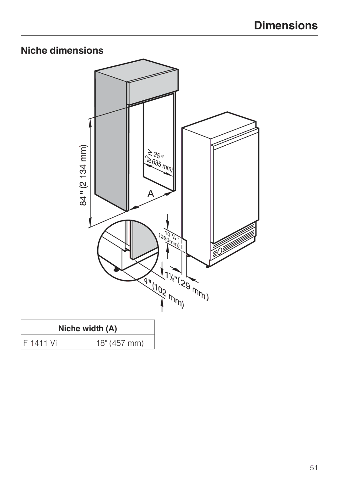 Miele F 1411 Vi installation instructions Niche dimensions, Niche width a 