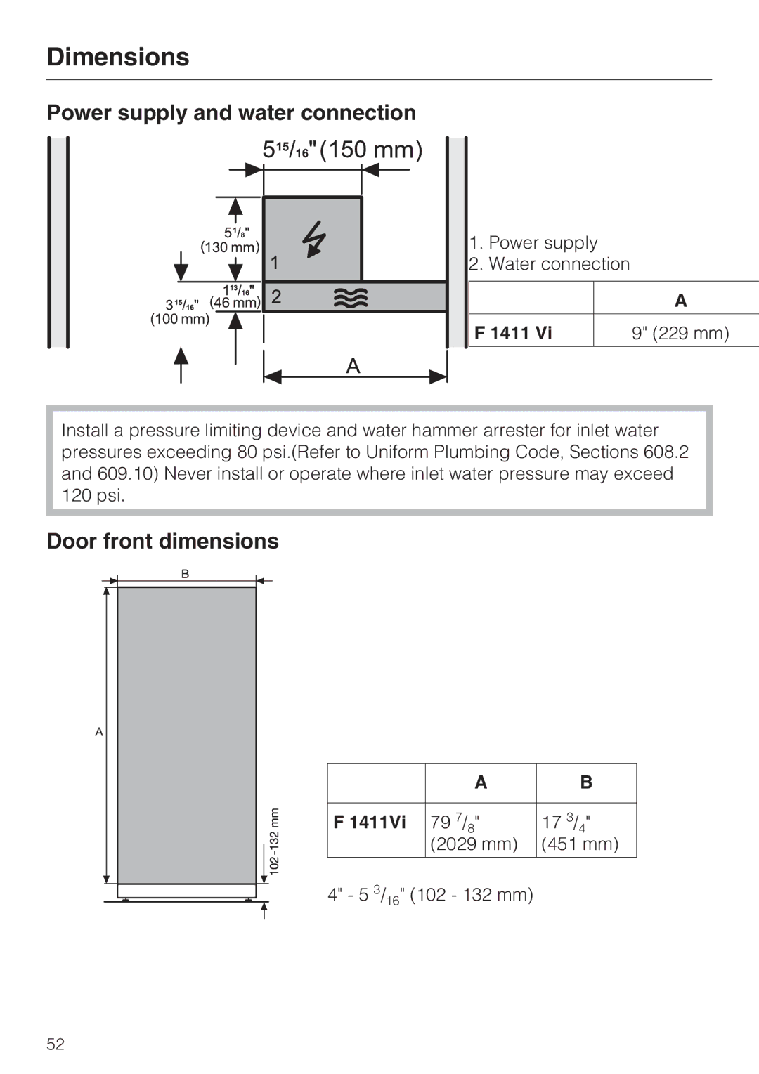 Miele F 1411 Vi installation instructions Power supply and water connection, Door front dimensions, 1411 229 mm, 1411Vi 