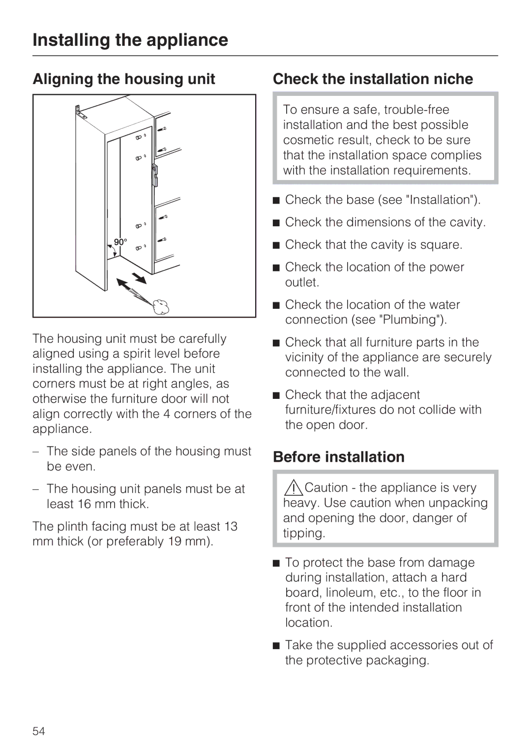 Miele F 1411 Vi installation instructions Aligning the housing unit Check the installation niche, Before installation 