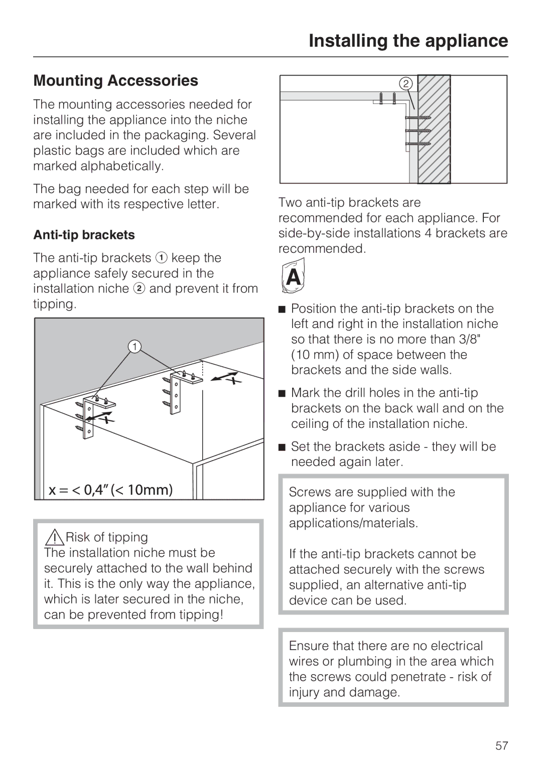 Miele F 1411 Vi installation instructions Mounting Accessories, Anti-tip brackets 