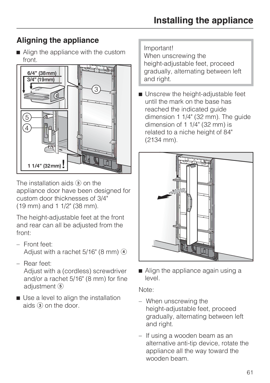 Miele F 1411 Vi installation instructions Aligning the appliance 