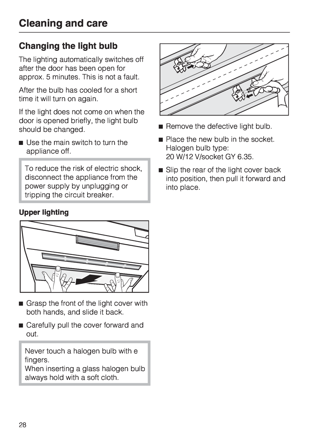 Miele F 1411 Vi installation instructions Changing the light bulb, Cleaning and care, Upper lighting 