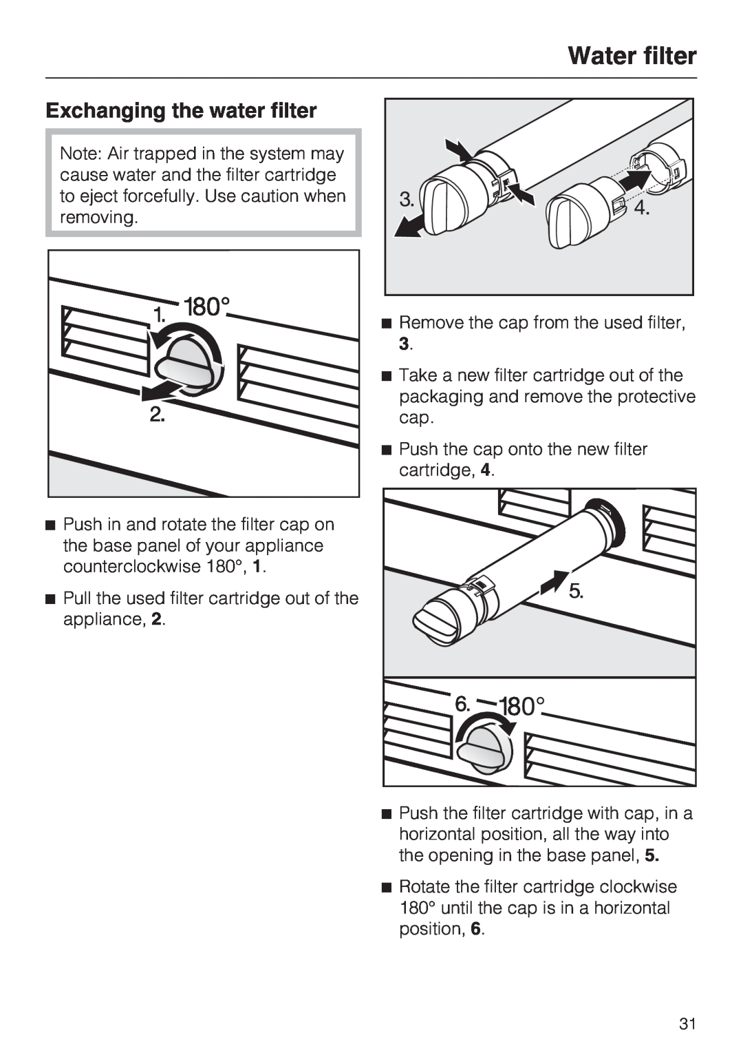 Miele F 1411 Vi installation instructions Exchanging the water filter, Water filter 