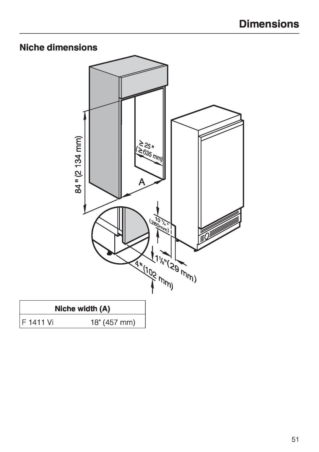 Miele F 1411 Vi installation instructions Niche dimensions, Dimensions, Niche width A 