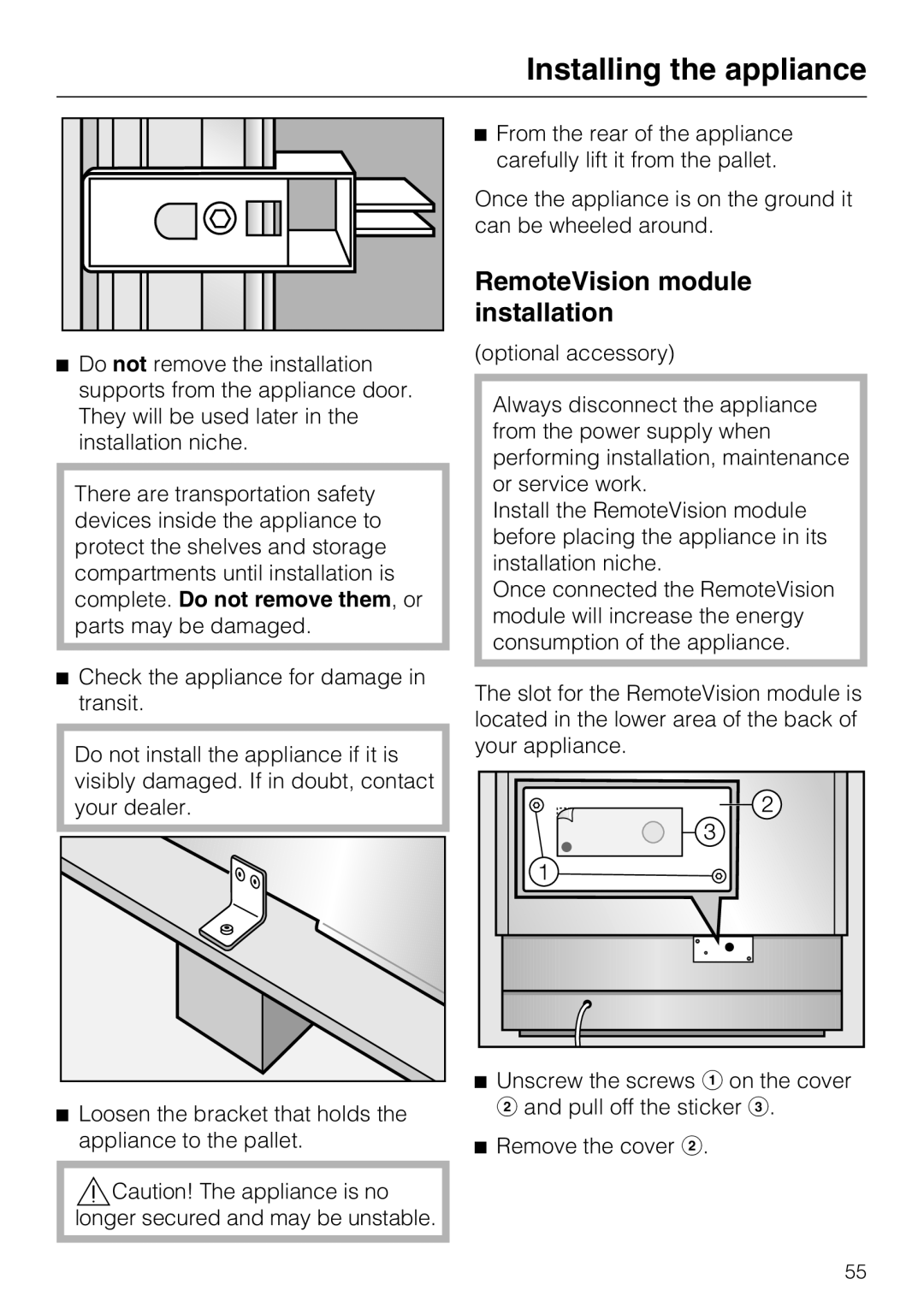 Miele F 1411 Vi installation instructions RemoteVision module installation, Installing the appliance 