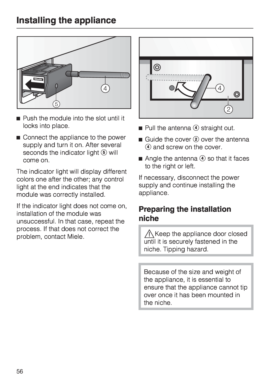 Miele F 1411 Vi installation instructions Preparing the installation niche, Installing the appliance 