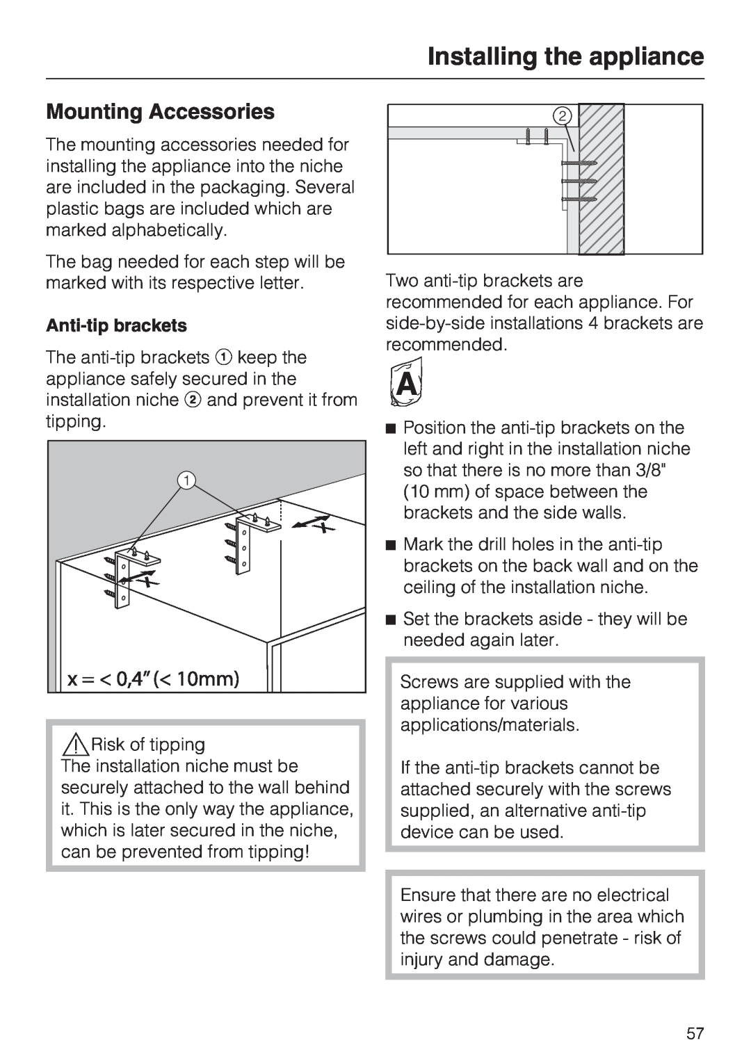 Miele F 1411 Vi installation instructions Mounting Accessories, Installing the appliance, Anti-tipbrackets 