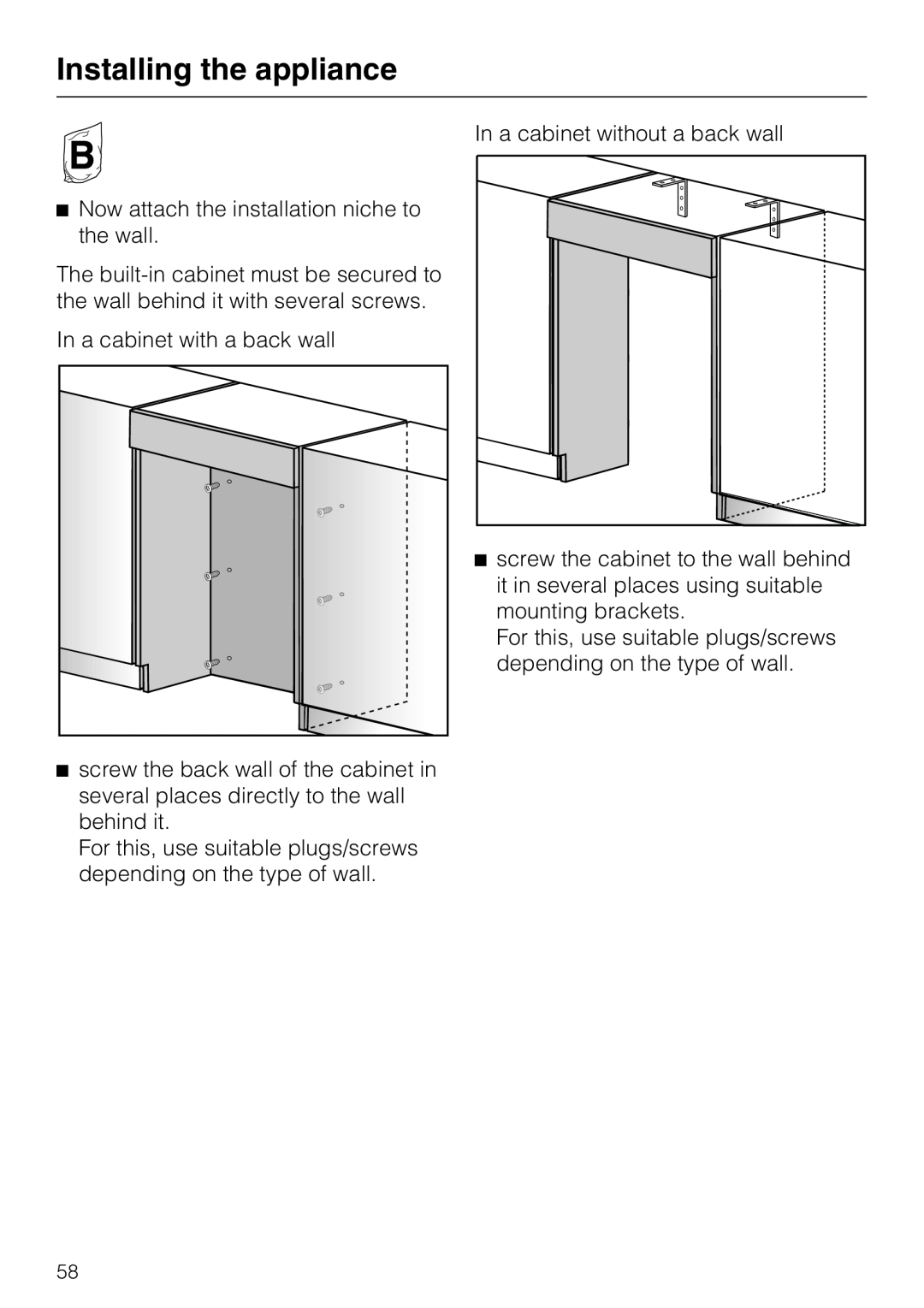 Miele F 1411 Vi installation instructions Installing the appliance, Now attach the installation niche to the wall 