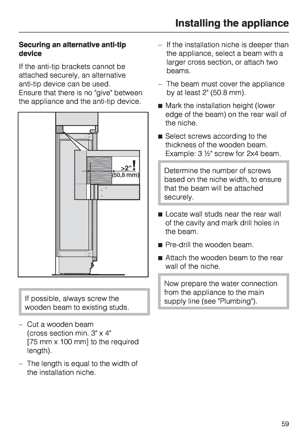 Miele F 1411 Vi installation instructions Installing the appliance, Securing an alternative anti-tipdevice 