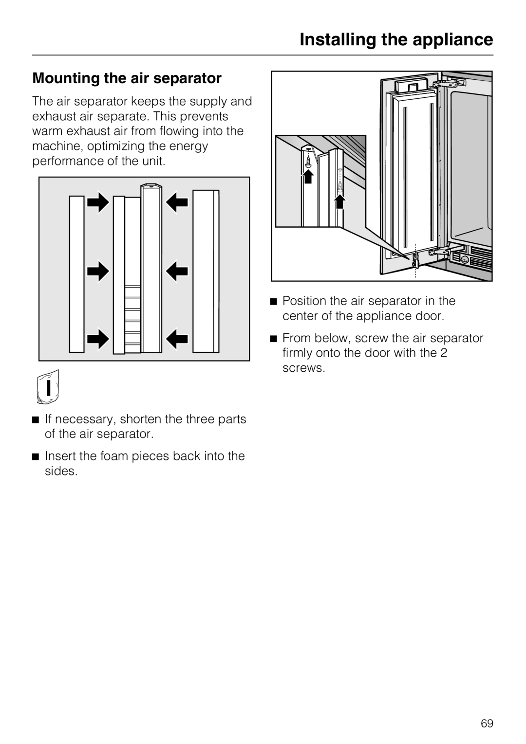 Miele F 1411 Vi installation instructions Mounting the air separator, Installing the appliance 