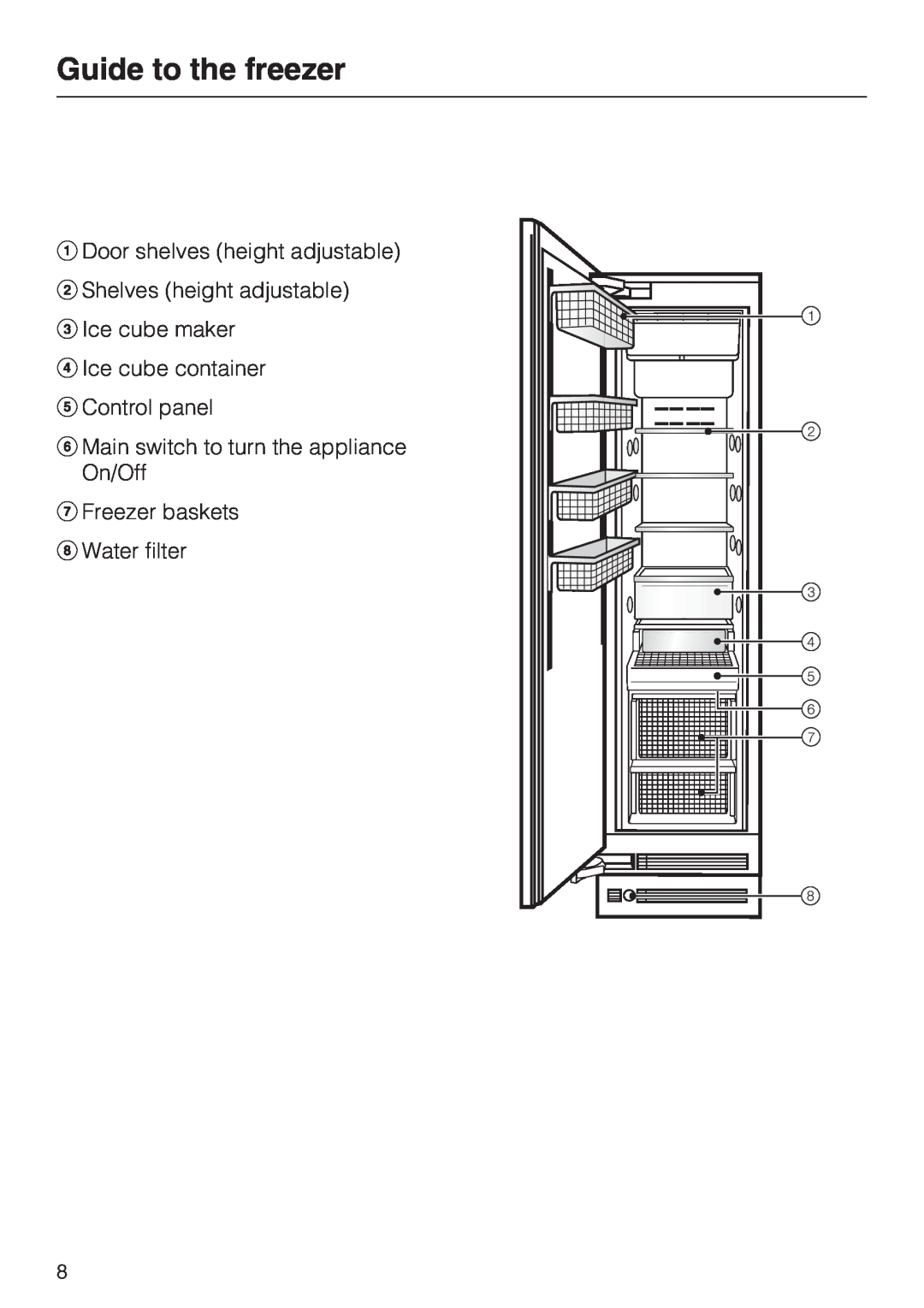 Miele F 1411 Vi Guide to the freezer, Door shelves height adjustable, Shelves height adjustable Ice cube maker 