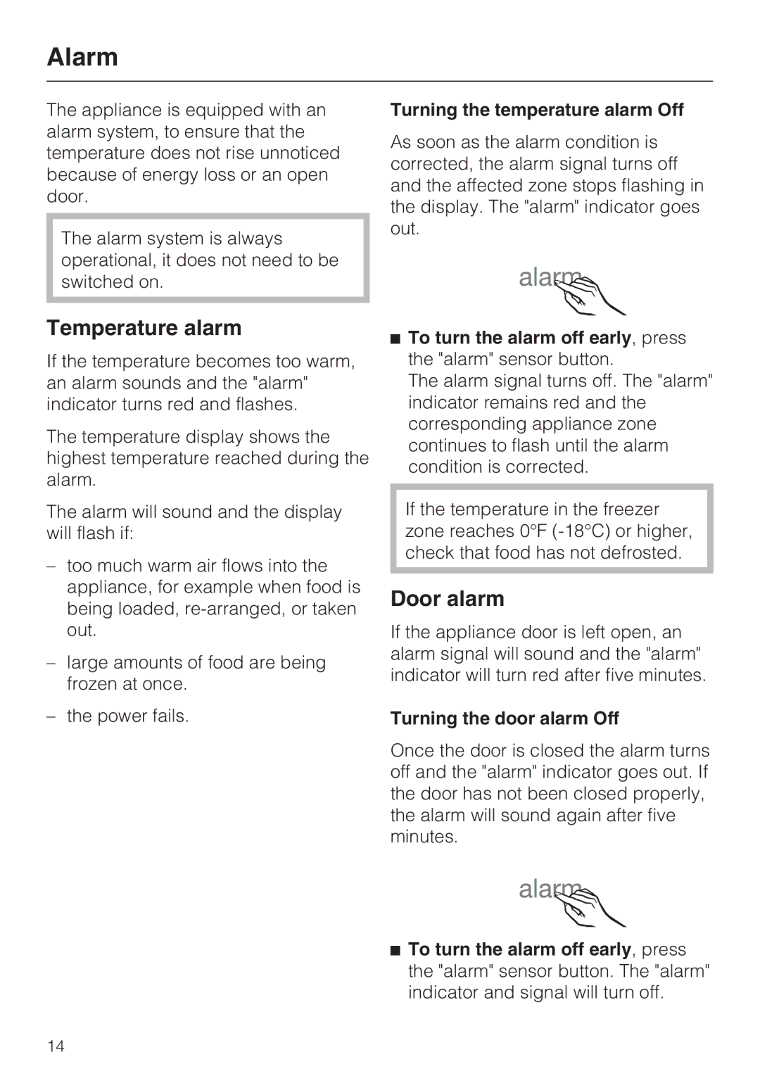 Miele F 1471 VI installation instructions Alarm, Temperature alarm, Door alarm 