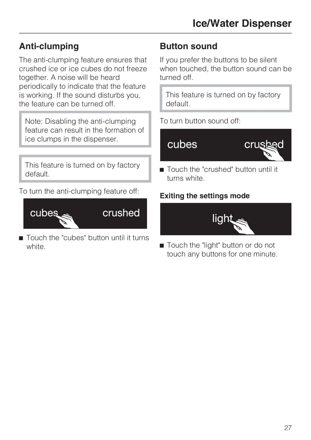 Miele F 1471 VI installation instructions Anti-clumping, Button sound, Exiting the settings mode 