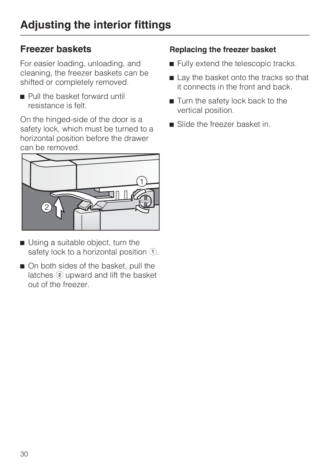 Miele F 1471 VI installation instructions Freezer baskets, Replacing the freezer basket 