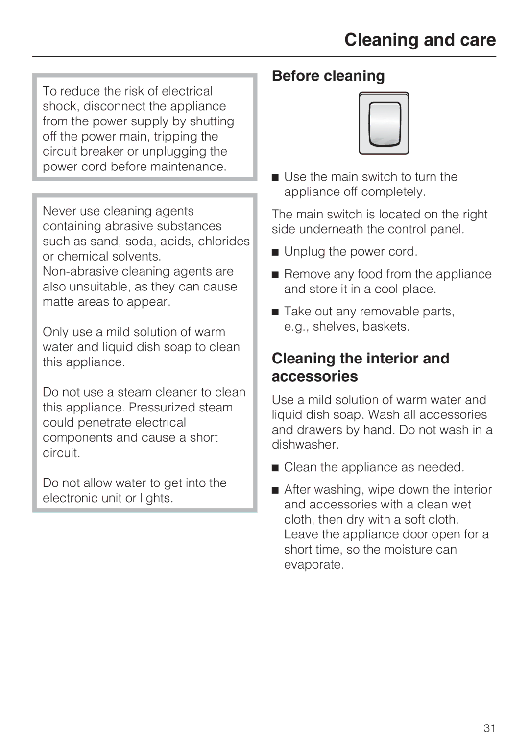 Miele F 1471 VI installation instructions Cleaning and care, Before cleaning, Cleaning the interior and accessories 