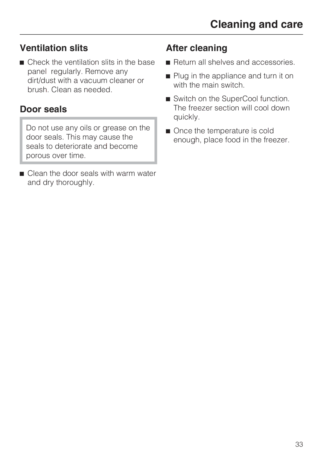 Miele F 1471 VI installation instructions Ventilation slits, Door seals, After cleaning 