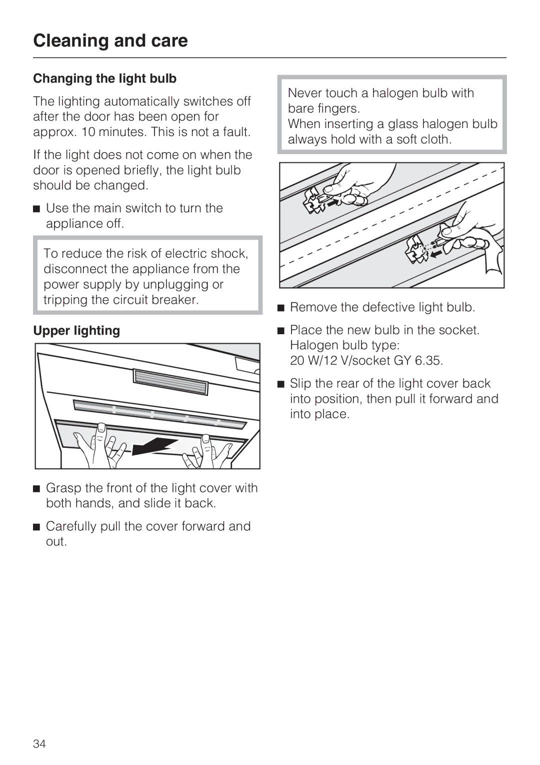 Miele F 1471 VI installation instructions Changing the light bulb, Upper lighting 