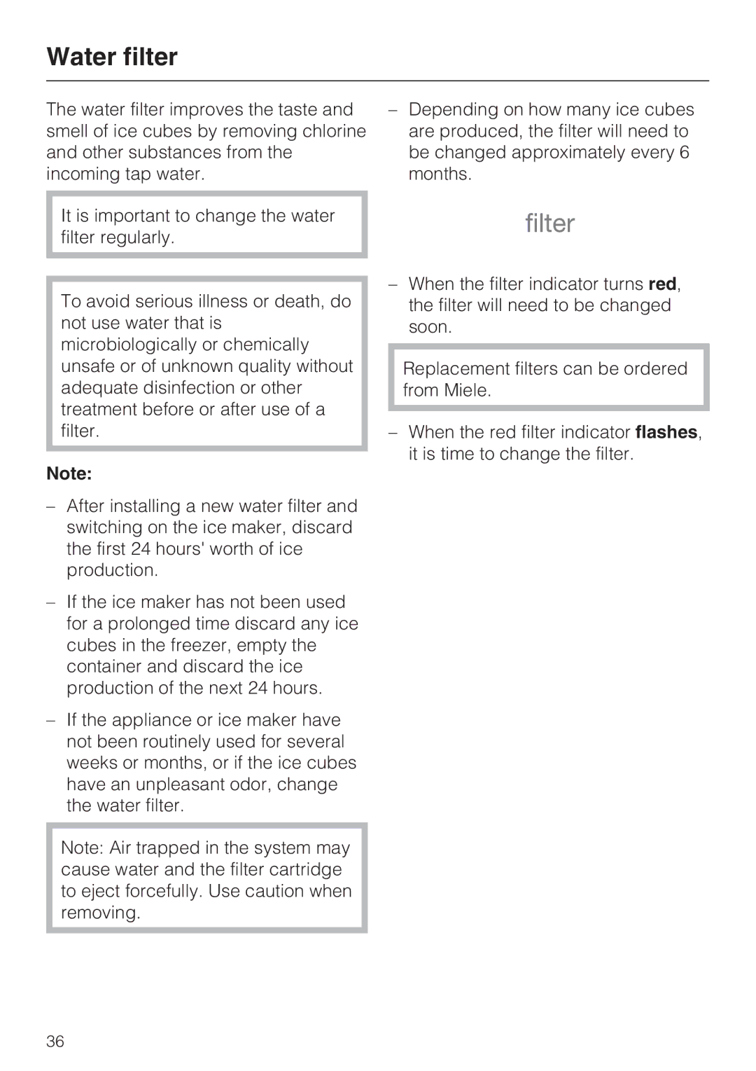 Miele F 1471 VI installation instructions Water filter 