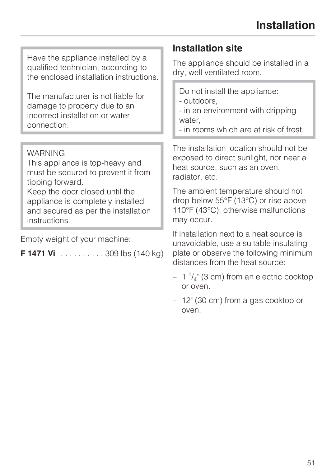 Miele F 1471 VI installation instructions Installation site 