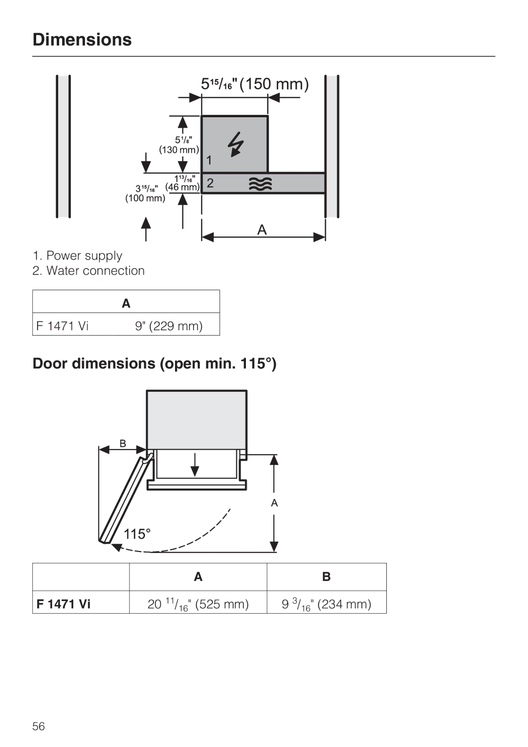 Miele F 1471 VI installation instructions Door dimensions open min 