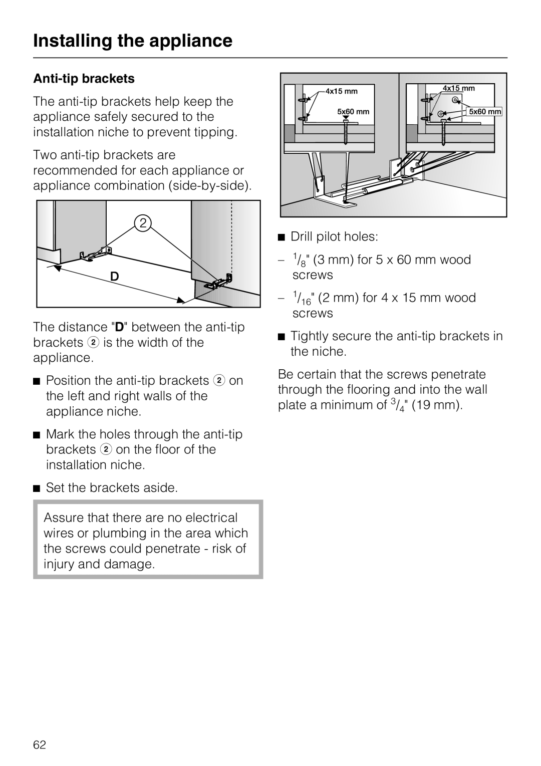 Miele F 1471 VI installation instructions Anti-tip brackets 