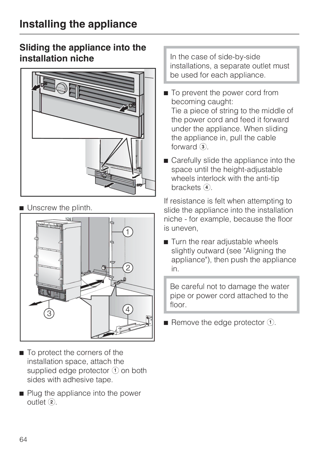 Miele F 1471 VI installation instructions Sliding the appliance into the installation niche 