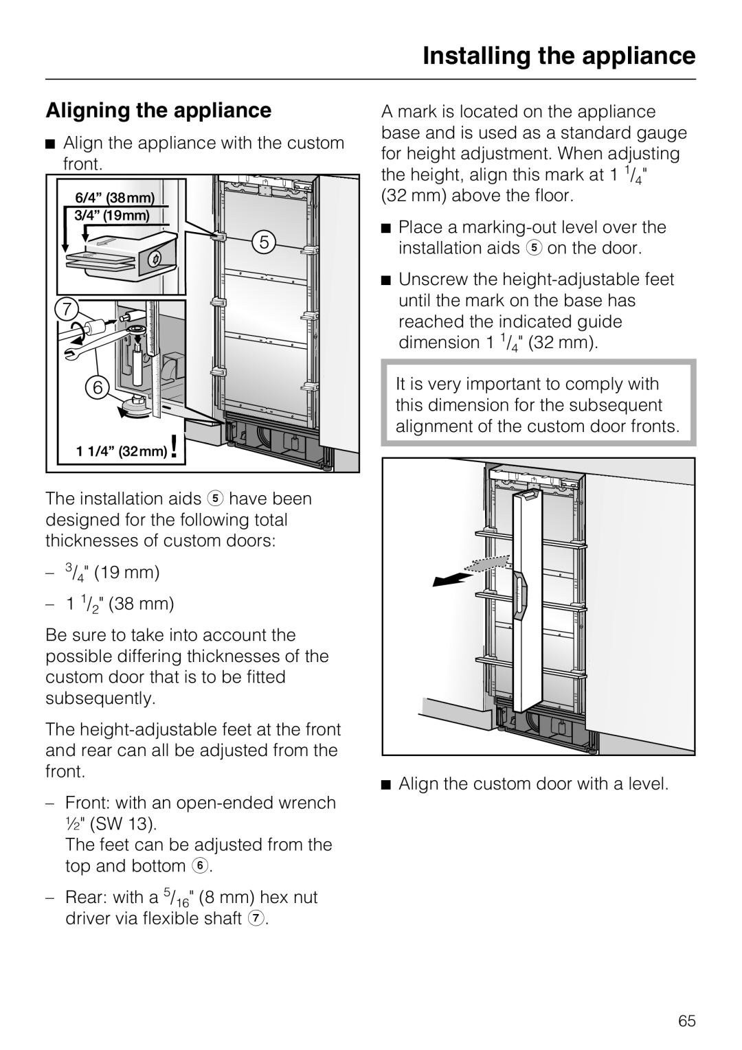 Miele F 1471 VI installation instructions Aligning the appliance 