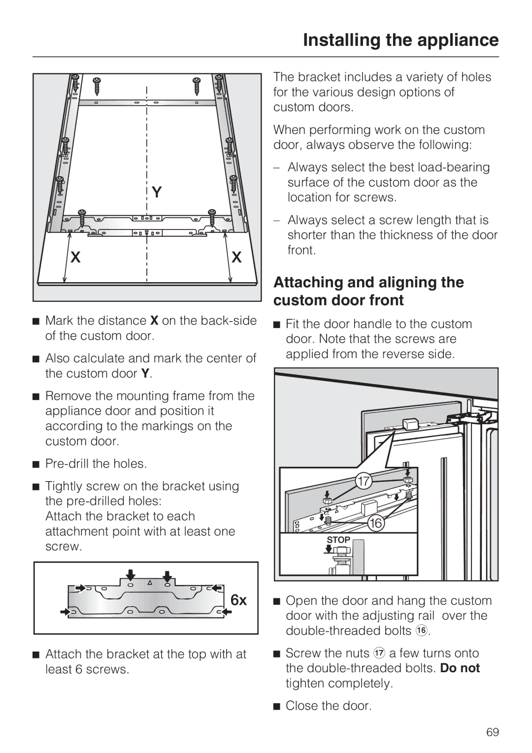 Miele F 1471 VI installation instructions Attaching and aligning the custom door front 