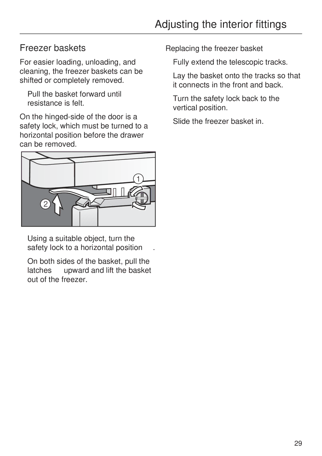 Miele F 1471 installation instructions Freezer baskets, Replacing the freezer basket 