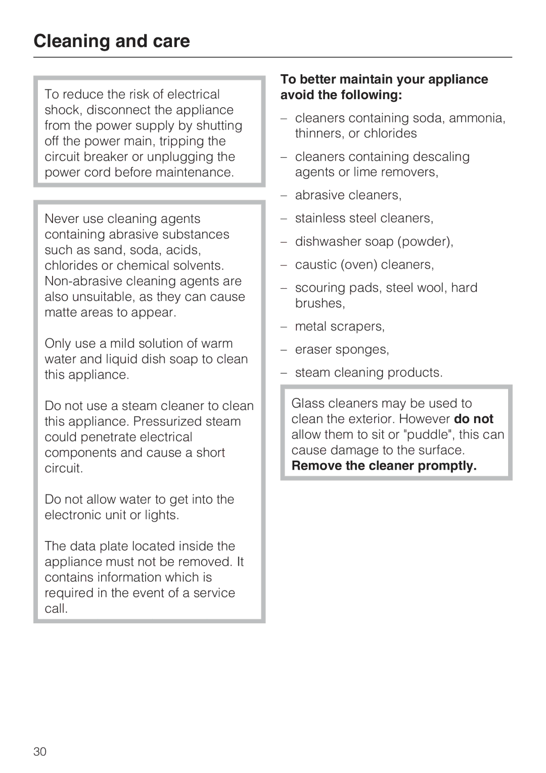 Miele F 1471 Cleaning and care, To better maintain your appliance avoid the following, Remove the cleaner promptly 