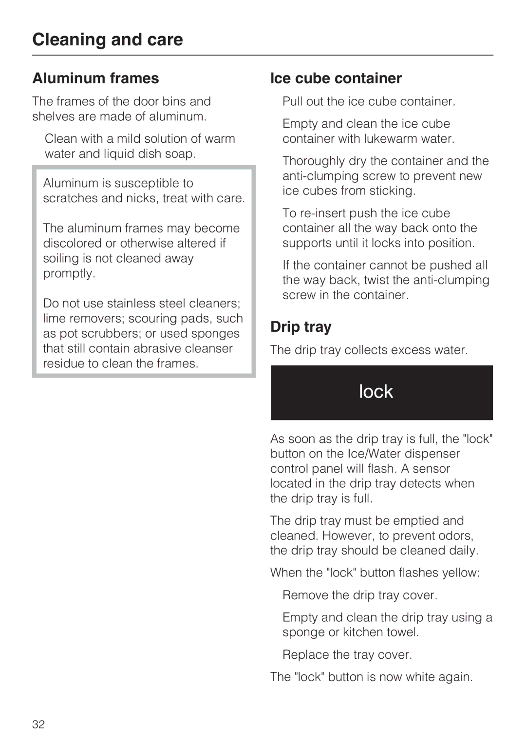 Miele F 1471 installation instructions Aluminum frames, Ice cube container, Drip tray 