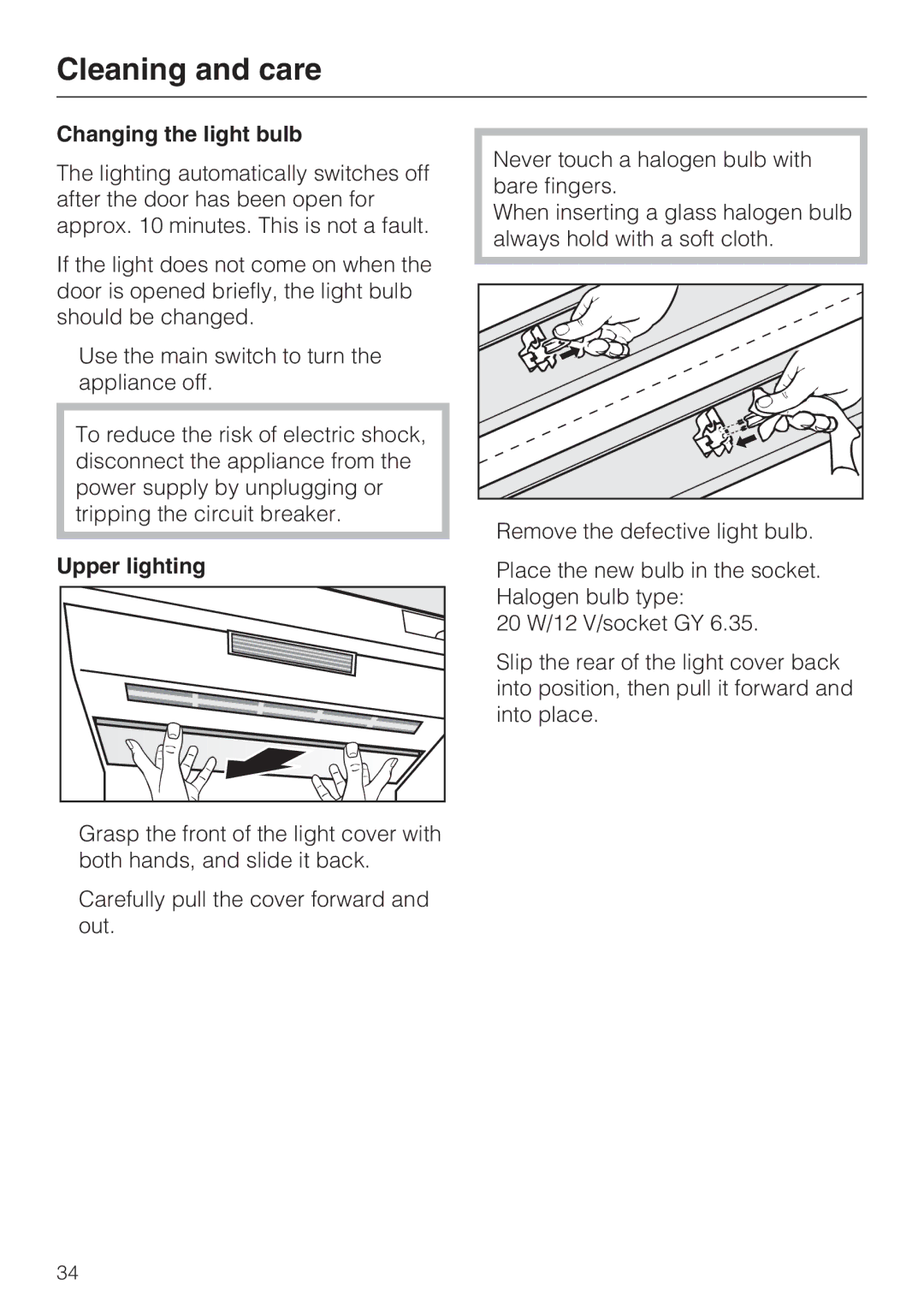 Miele F 1471 installation instructions Changing the light bulb, Upper lighting 