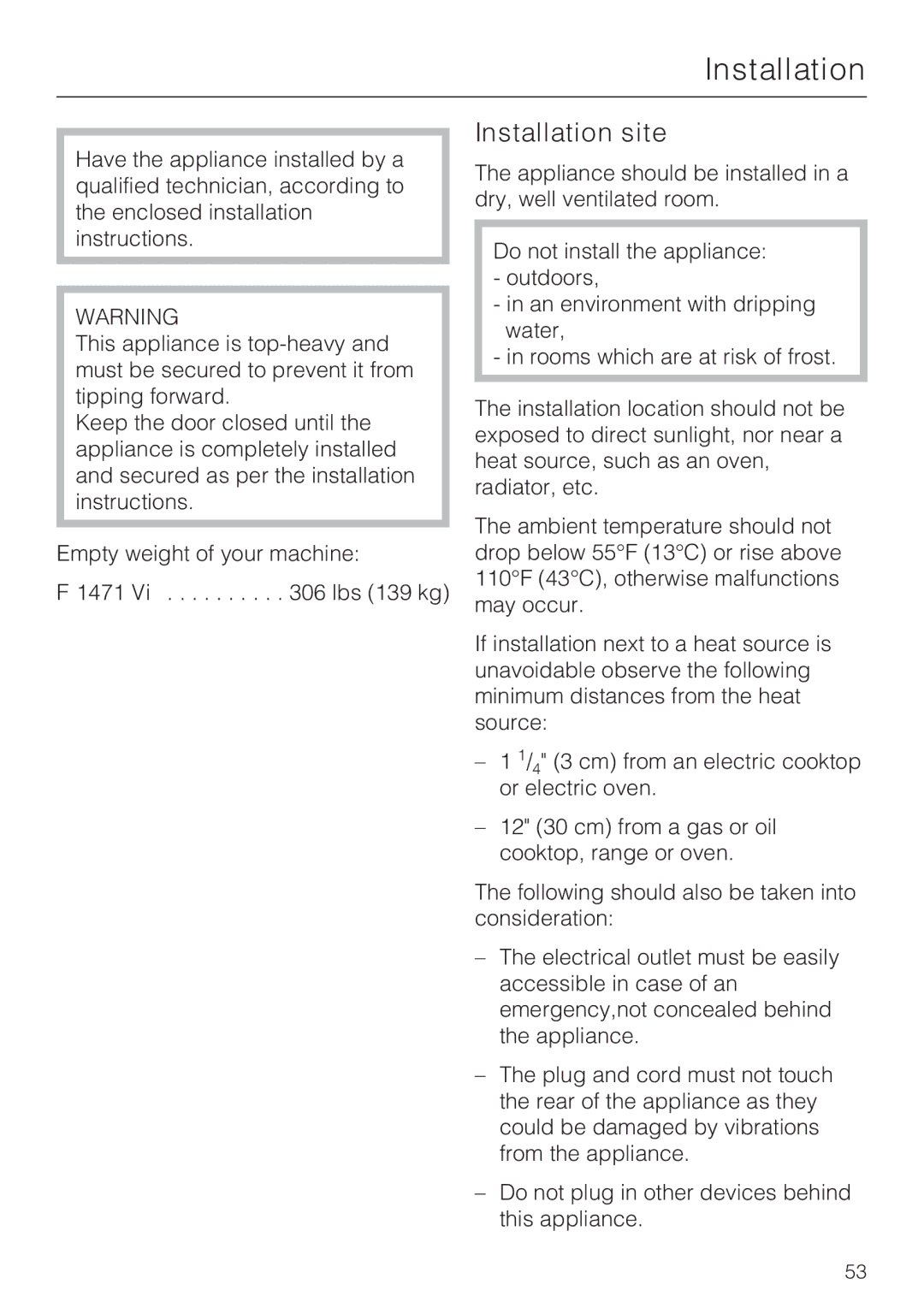 Miele F 1471 installation instructions Installation site 