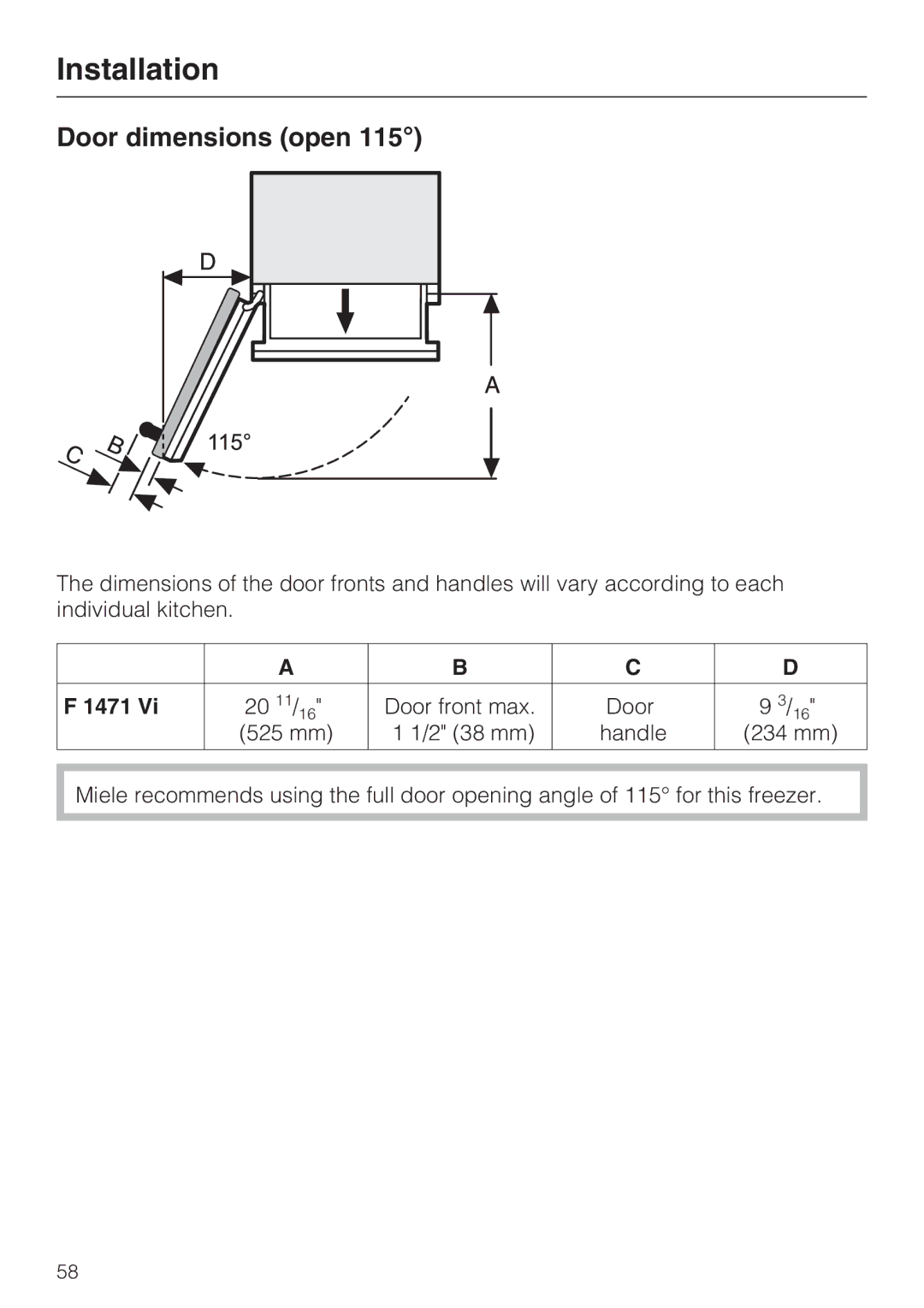 Miele F 1471 installation instructions Door dimensions open 