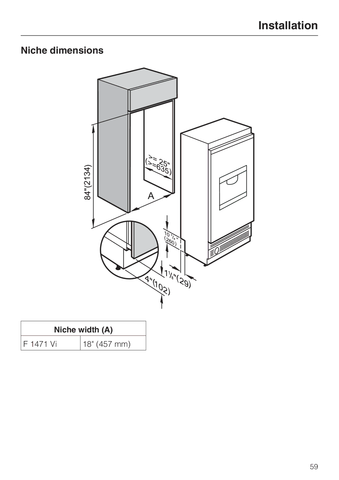 Miele F 1471 installation instructions Niche dimensions, Niche width a 