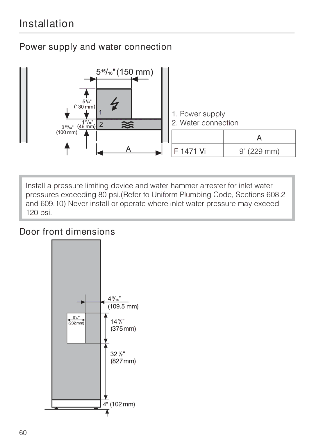 Miele F 1471 installation instructions Power supply and water connection, Door front dimensions, 1471 229 mm 