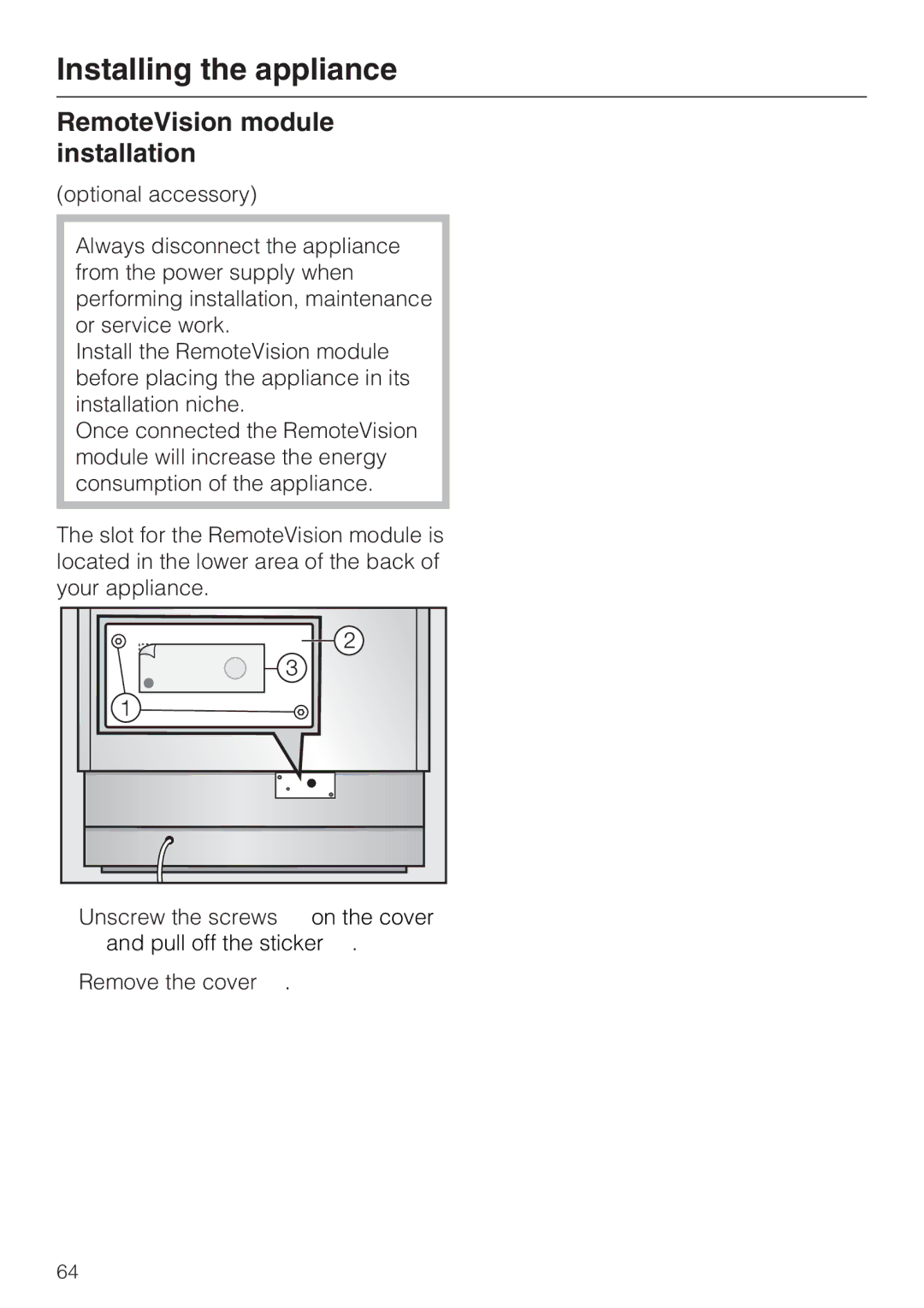 Miele F 1471 installation instructions RemoteVision module installation 