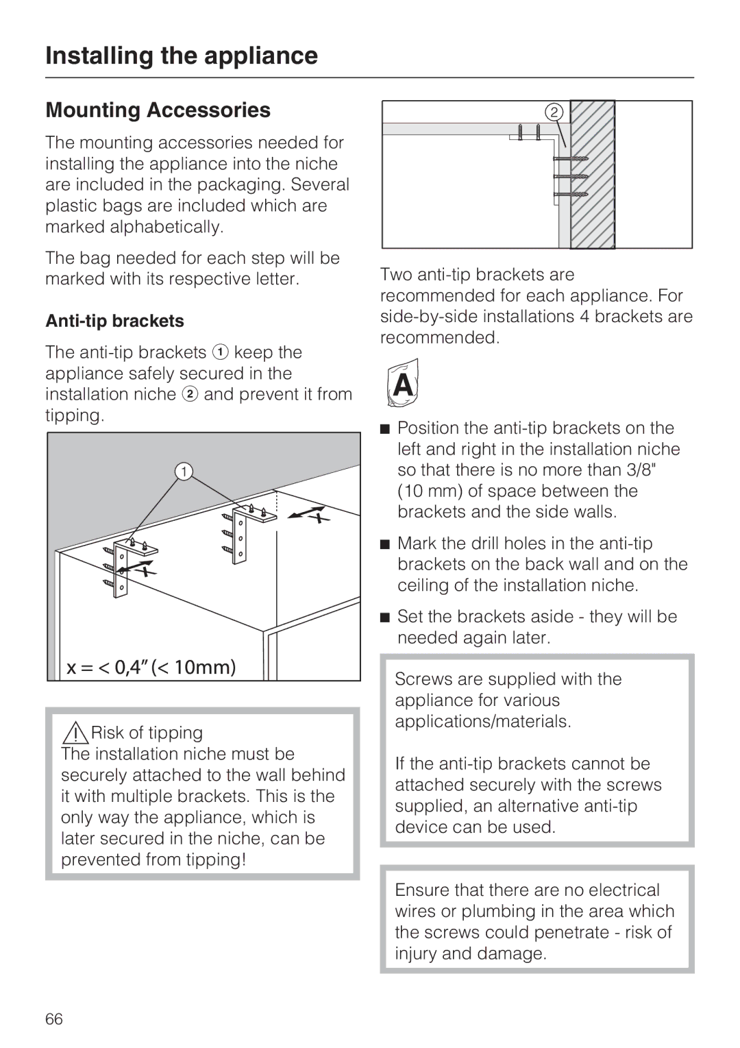 Miele F 1471 installation instructions Mounting Accessories, Anti-tip brackets 