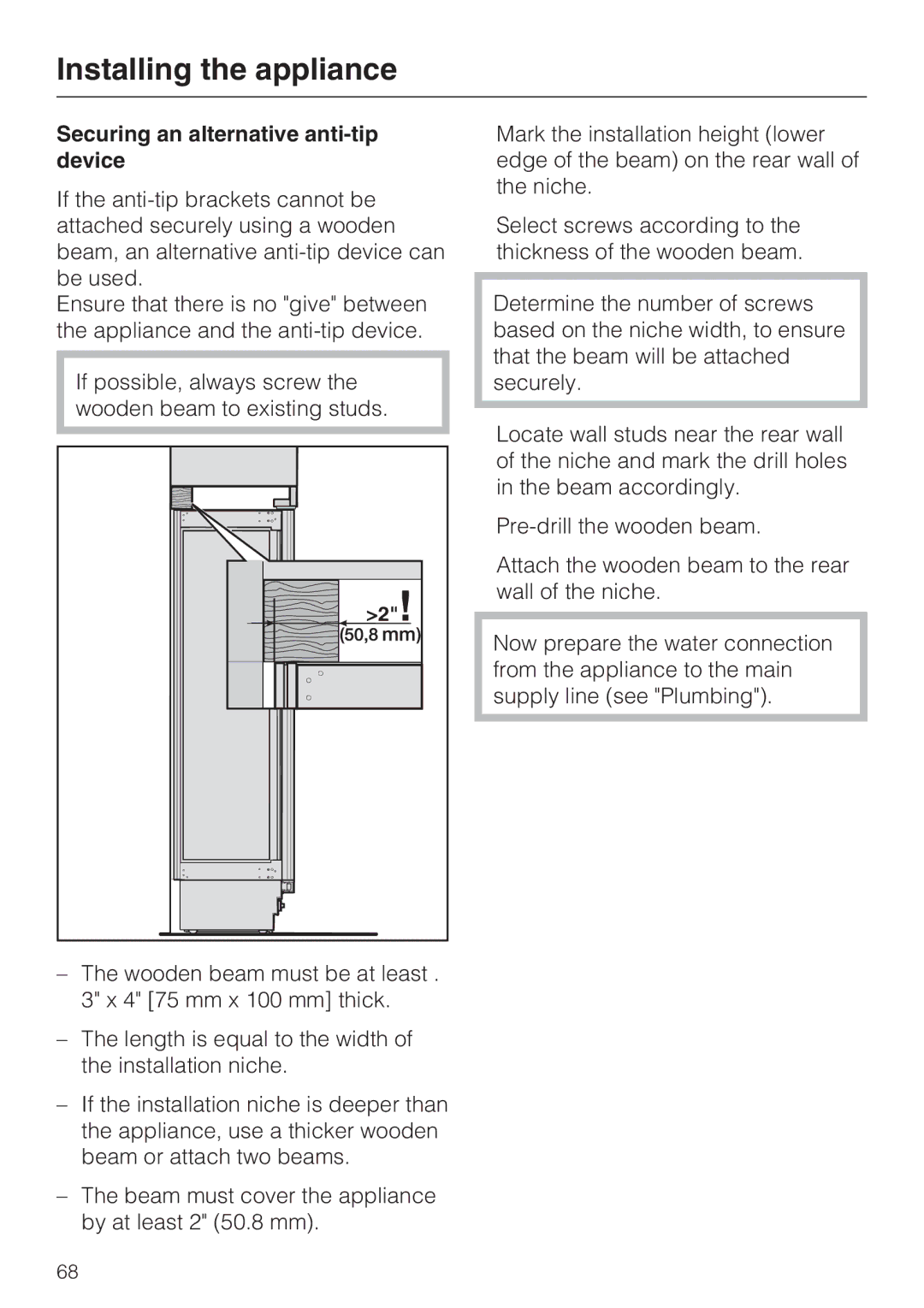 Miele F 1471 installation instructions Securing an alternative anti-tip device 